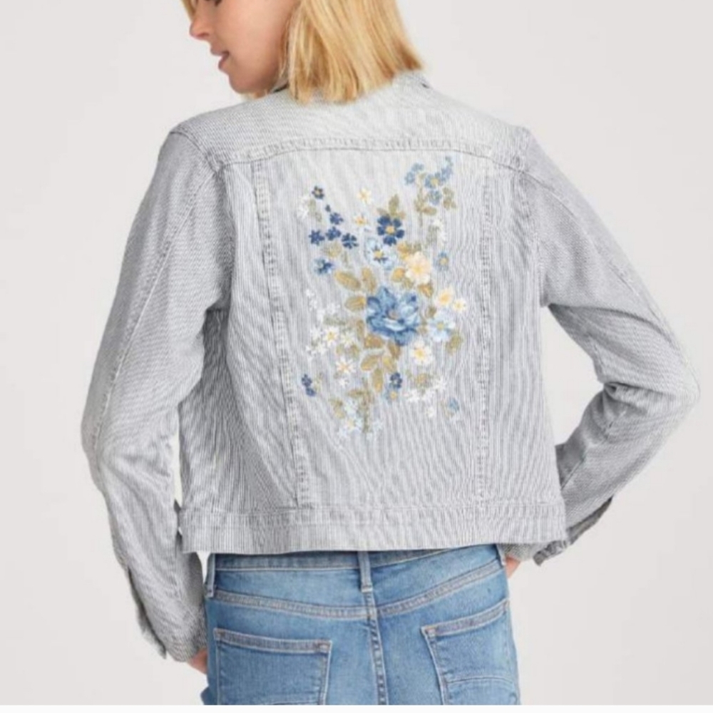 Driftwood Lagoon Striped Floral Embroidered Denim Jacket